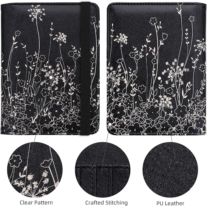 WALNEW Passport Holder for Travel, RFID Passport Cover Wallet for Women Men, PU Leather Passport Book Card Holder Case with Pen (Elastic Band Closure, D-Black Flowers)