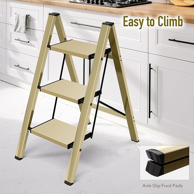 3 Step Ladder, Aluminum Folding Step Stool for Adults, Step Ladder with Wide Anti-Slip Pedal, 330 lbs Capacity for Home, Office, Kitchen, Library (Gold)