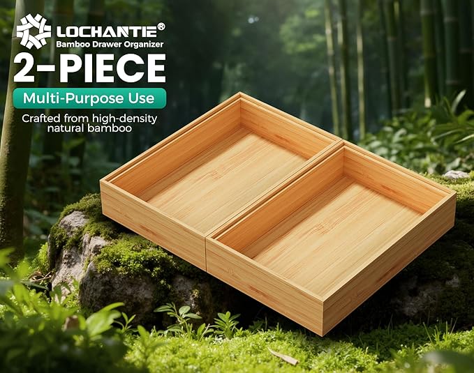Bamboo Kitchen Drawer Organizer Boxes – 9" x 6" Stackable Wood Silverware Utensil Tray for Drawers Bins, Cutlery & Flatware Storage – Wooden Organizers Set of 2 for Junk Drawer, Bathroom, RV