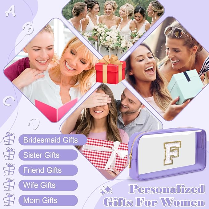 Personalized Initial Letter Clear Makeup Bag, Preppy Small Nylon&PVC Cosmetic Zipper Bag with Chenille Letter, Travel Skincare Toiletry Bag, Monogram Christmas Gift for Teen Girls Women, F