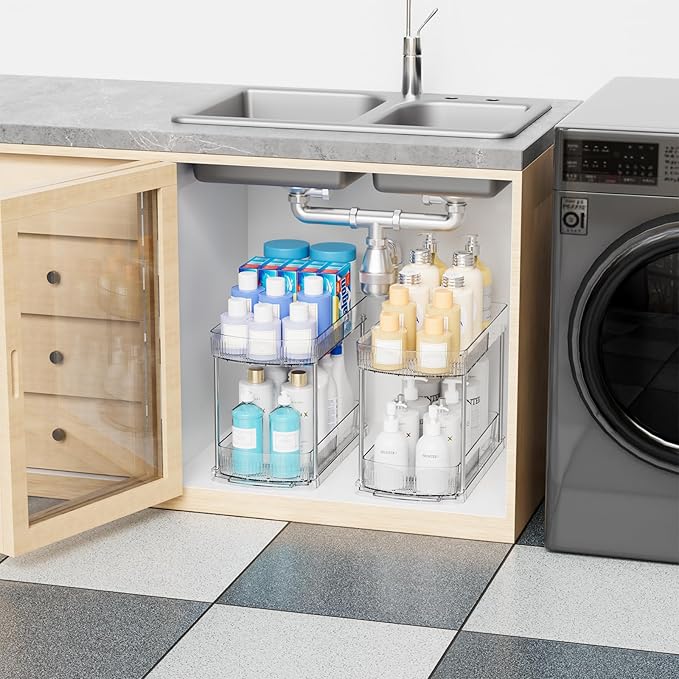 Yieach 2 Sets 2 Tier Pull Out Kitchen Under Sink Organizer and Clear Bathroom Undersink Organizers for Cleaning Products Storage,12.8 Inch Tall Sliding inder Cabinet Shelf,Under Counter Organization