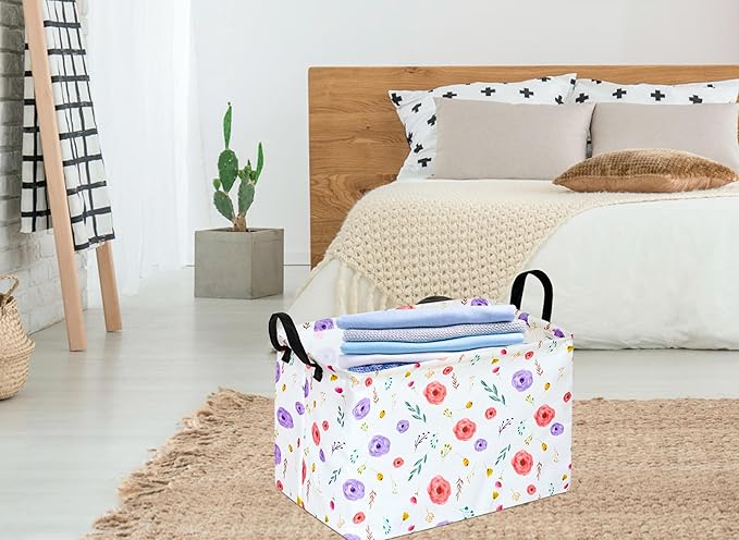 KUNRO Rectangle Flower Patter Storage Basket Gift Shelf Basket Storage Bin, Nursery Basket Organizer Box for With Handles for Room Deco