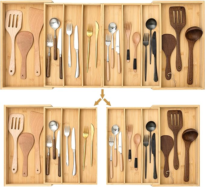 Kathfly Extra Large Drawer Organizer Kitchen Utensils Expandable 21.4 to 36 Inches Wid, Adjustable Bamboo Silverware Tray Cutlery Utensile Flatware Organizer Holder Drawer Divider for Spoons and Forks