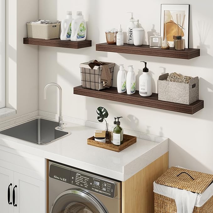 fuqing Floating Shelves for Wall, Wall Mounted Wood Floating Shelf with Invisible Brackets for Living Room, Bathroom, Bedroom, Kitchen Storage and Decor, 48 Inch Set of 2, Walnut