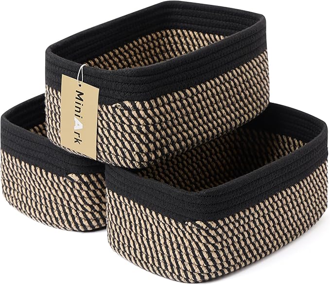 MiniArk Small Storage Baskets for Organizing | Closet Organizer Bins | Shelf Toy Basket | Woven Rope Baskets | Cube Decorative Box | Shallow Basket | 11.5x7.5x4.7” | 3 Packs Black Brown
