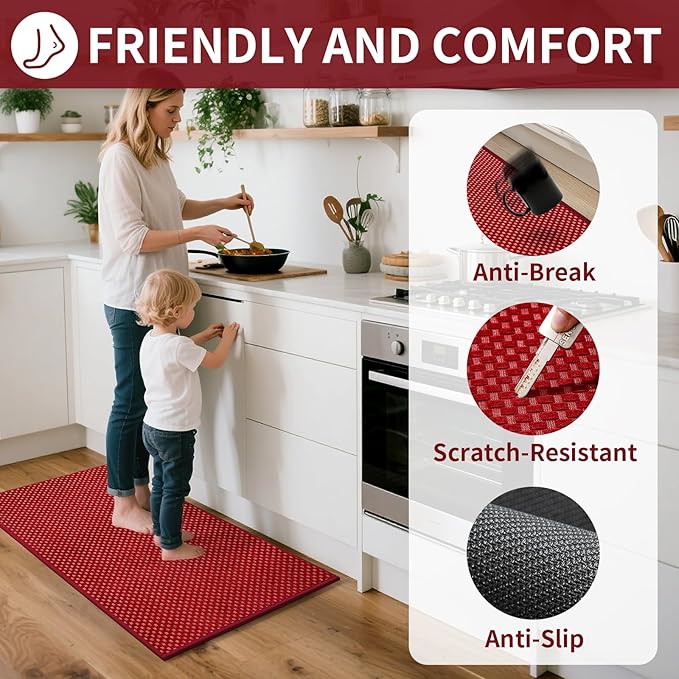YDKGL Kitchen Rugs Mat Non Slip Washable, Super Absorbent Kitchen Mats for Floor, Rubber Backing Soft Braided Standing Floor Mats Sink Mat Runner Rug, Easy to Clean and Maintain, Red 17"x30"