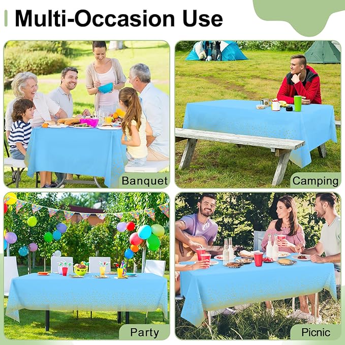 misaya 3 Packs Dot Disposable Table Cloth, 54 x 108 Inch Waterproof Plastic Tablecloth, Rectangle Gold Dots in Light Blue Table Covers for Picnic, Birthday, Party