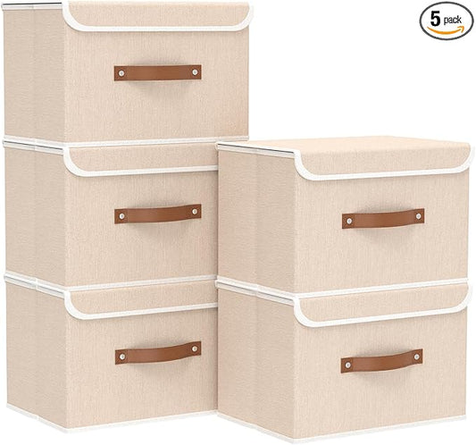 Yawinhe Collapsible Storage Boxes, Linen Fabric Baskets, Bin with lid and Leather Handle, Washable, for Home, Closet, Beige, 17.7''Lx11.8''Wx11.8''H, 5-Pack, USNK024BEX-5