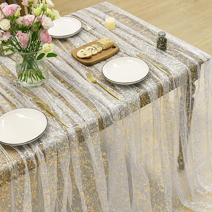 Horaldaily Beige Gold Gauze Tablecloth 52x70 Inch Rectangular, Golden Sequin Glitter Metallic Foil, Sheer Tulle Cheesecloth for Wedding Baby Shower Ceremony Birthday