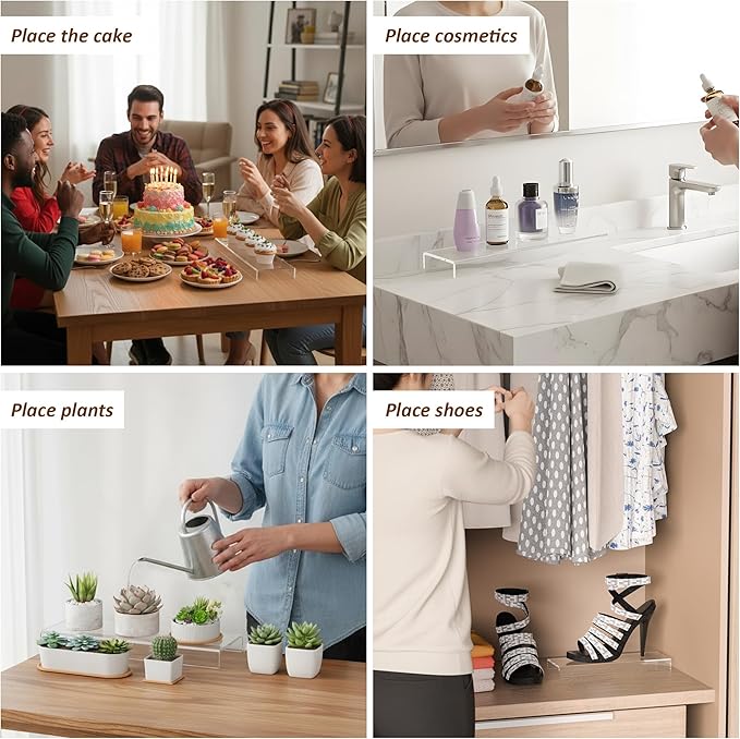 Acrylic Shelf Riser 12x3.9x1 pack of 2, Clear Display Shelf 12” for Shoes, Glasses, Plants, Home Decors, Perfume, 12x3.9x1 Inch