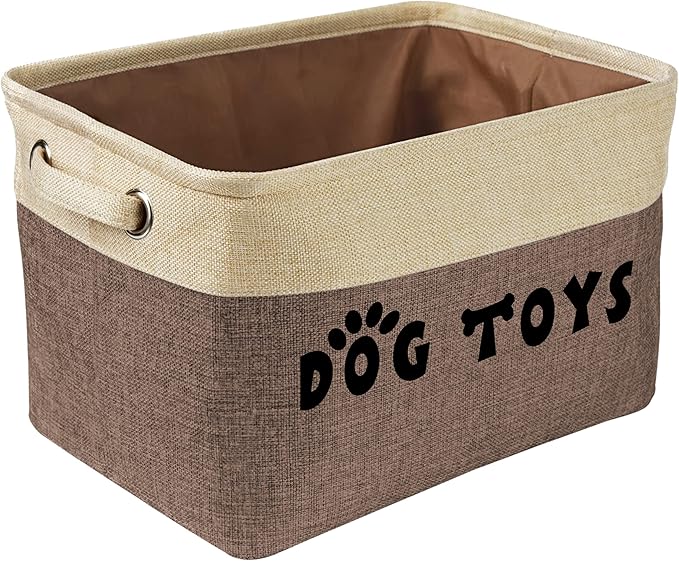 PET ARTIST Dog Toy Basket, Collapsible Dog Toy Bin Box with Comfortable Handles, Large Pet Toy Storage Organizer for Accessories, Toys, Coat & Clothing, Blanket & Leash, Brown, 15"x11"x9"