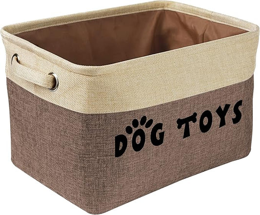 PET ARTIST Dog Toy Basket, Collapsible Dog Toy Bin Box with Comfortable Handles, Large Pet Toy Storage Organizer for Accessories, Toys, Coat & Clothing, Blanket & Leash, Brown, 15"x11"x9"