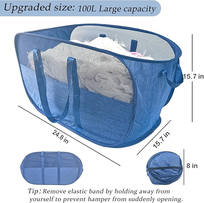 100L Collapsible Laundry Baskets 2 Pack, Extra Large Mesh Pop Up Laundry Hamper, Dirty Clothes Hamper with Reinforced Handles, Folding Hampers for Travel. Dorm or Home Portable Laundry Baskets. Blue