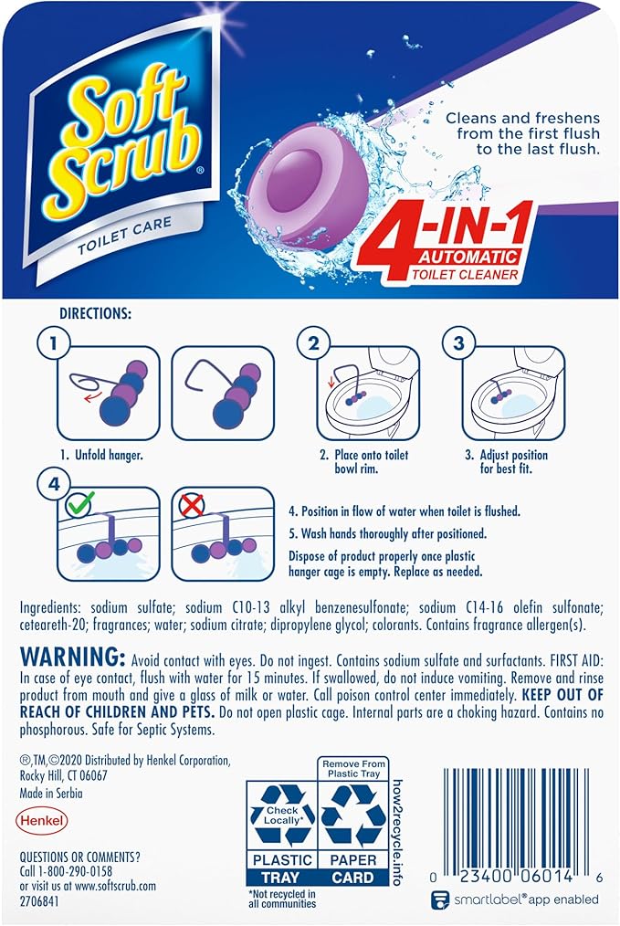 Soft Scrub 4-in-1 Rim Hanger Toilet Bowl Cleaner, Lavender, 2 Count, Cleans, Helps Prevent Build Up, Fights Toilet Ring & Freshens up to 4 Weeks