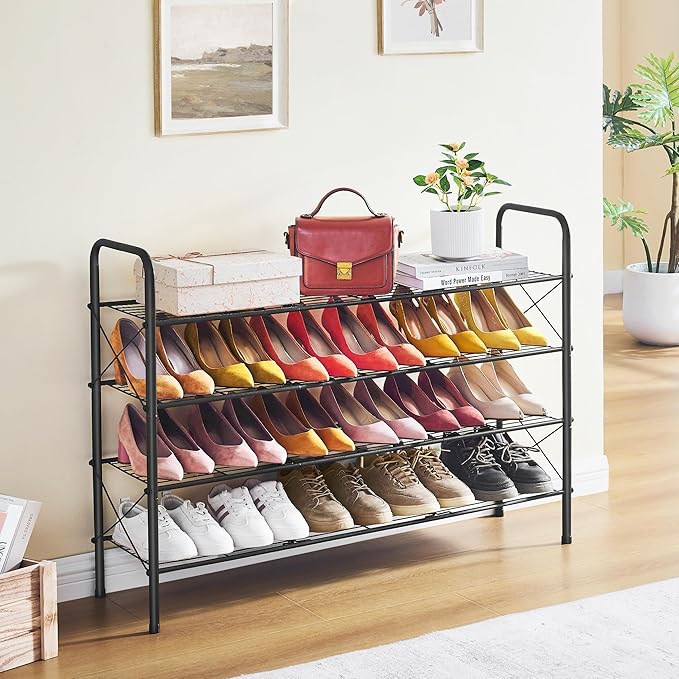 Hoctieon 4 Tier Mesh Style Shoe Rack, Entryway Shoe Shelf, Shoe Storage Organizer, Shoe Rack for Closet, Space Saver for Bathroom, Garage, Hallway, Bedroom, Living Room, Black