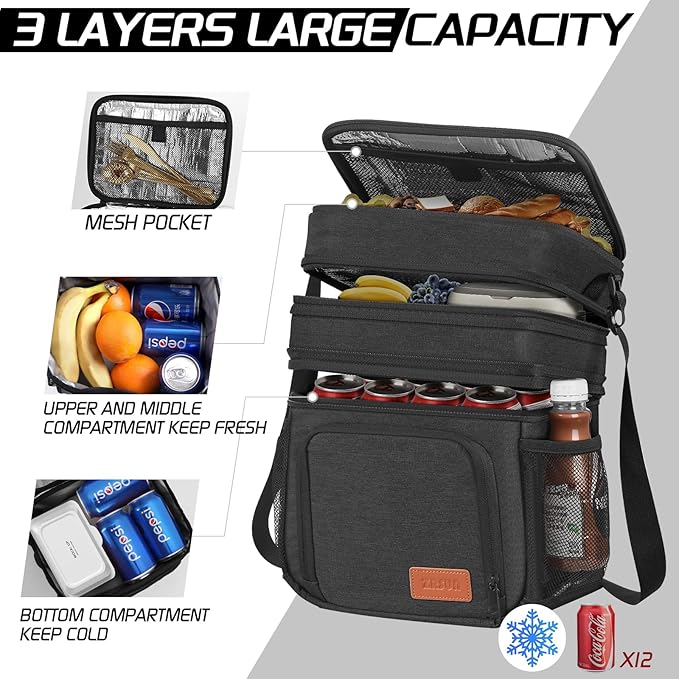Insulated Lunch Bag for Women Men, Reusable 3 Layers Lunch Box Women, Expandable Reusable Water-resistant Lunch Box for Work Travel Office Picnic Hiking
