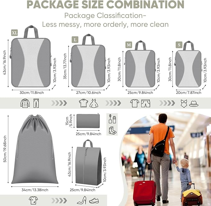 8 Set Compression Packing Cubes for Travel, Packing Cubes Compression Travel Accessories Expandable Packing Organizers for Carry on Luggage Suitcase