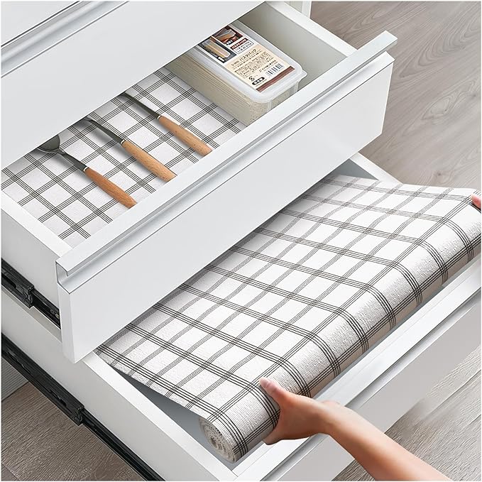 Drawer and Shelf Liner, Non-Slip Kitchen Cabinet Liners Non-Adhesive Thick Strong Grip Waterproof Washable Mats Protect Dresser Shelves Cupboard Bathroom Cabinets, White Stripes, 20 in X 30 FT