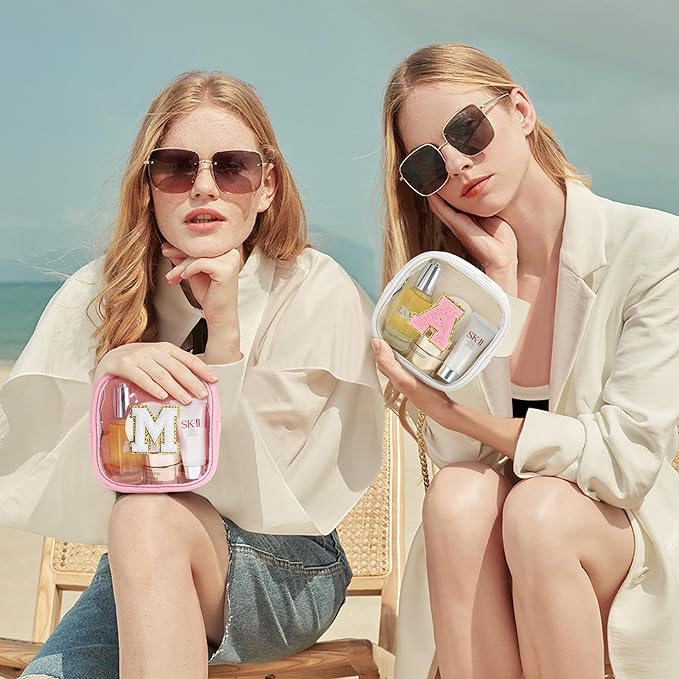 YOOLIFE Initial Mini Makeup Bag | Make Up Bag Travel Toiletry Bag | Clear Makeup Bag | Preppy Cosmetic Bags Organizer Travel Essentials Gifts for Women Teen Girlfriend Teacher Birthday Gifts Pink A