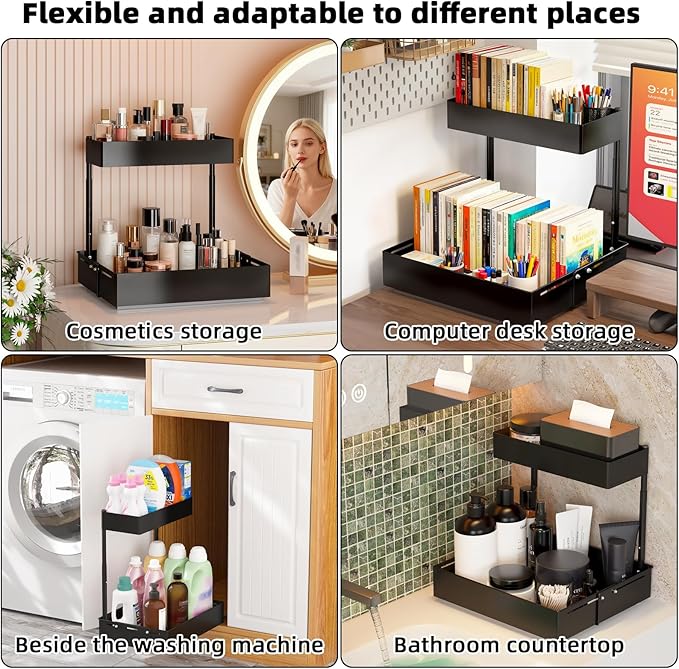 2 Packs Under Sink Organizer with Adjustable Height and Width, Under Cabinet Organizer to Tidy, Sturdy Metal Design for Kitchen and Bathroom