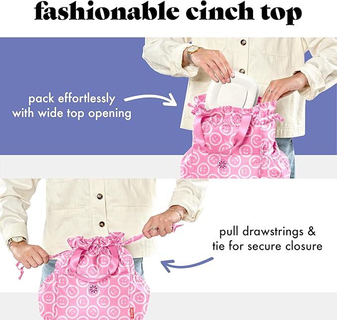 Fit & Fresh Cromwell Drawstring Lunch Bag for Women, Complete Lunch Set with 2 Containers, Stain-Resistant, Leak-Resistant, Back to School Essential, Teacher Lunchbox, All Smiles Fuchsia
