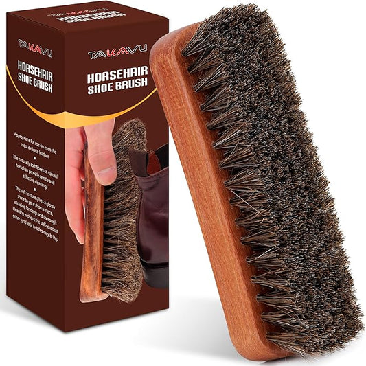 6.7" Horsehair Shoe Shine Brush - 100% Soft Genuine Horse Hair Bristles - Unique Concave Design Wood Handle - Comfortable Grip, Anti Slip - for Boots, Shoes & Other Leather Care (#1)