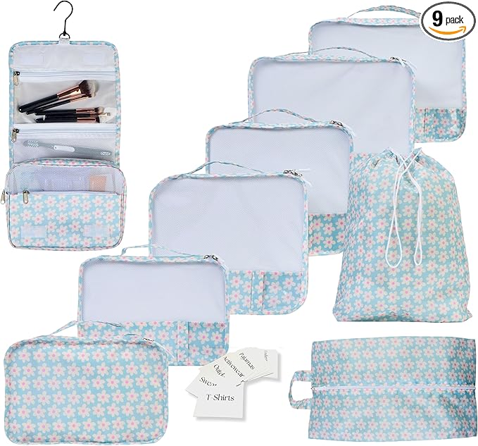 9 Set Packing Cubes - Suitcase Organizer, Cute Packing Cubes, Travel Bags Organizer for Luggage with Hanging Toiletry and Shoe Bag, Travel Essentials for Women, Men and Kids -Blue Flower