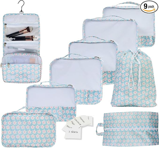 9 Set Packing Cubes - Suitcase Organizer, Cute Packing Cubes, Travel Bags Organizer for Luggage with Hanging Toiletry and Shoe Bag, Travel Essentials for Women, Men and Kids -Blue Flower