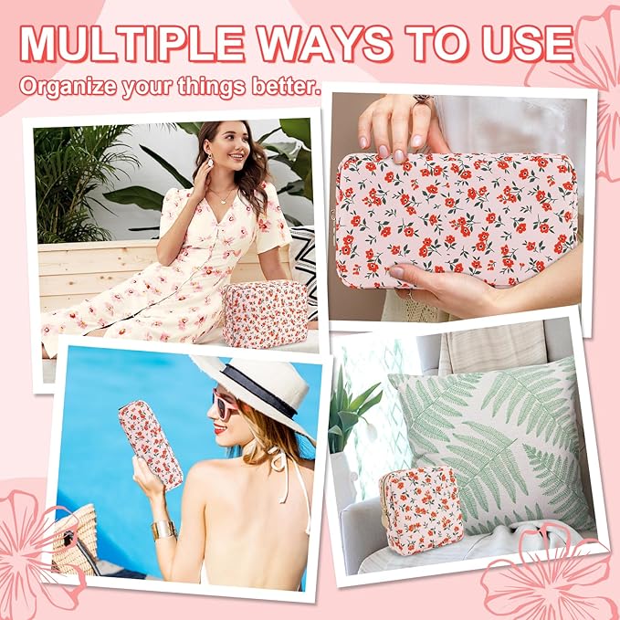 Waterproof Small Floral Makeup Bag Pouch for Purse, Nylon Flower Cosmetic Bag Preppy Travel Toiletry Storage Bag for Women Girl, Cute Makeup Organizer Bag Skincare Bag with Zipper (Small Pink-Flowers)