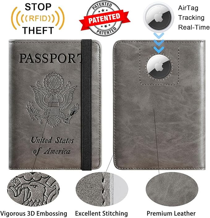 Airtag Passport Holder Cover Wallet Travel Essentials RFID Blocking Leather Card Case International Must Haves Travel Accessories for Women Men(119#Grey)