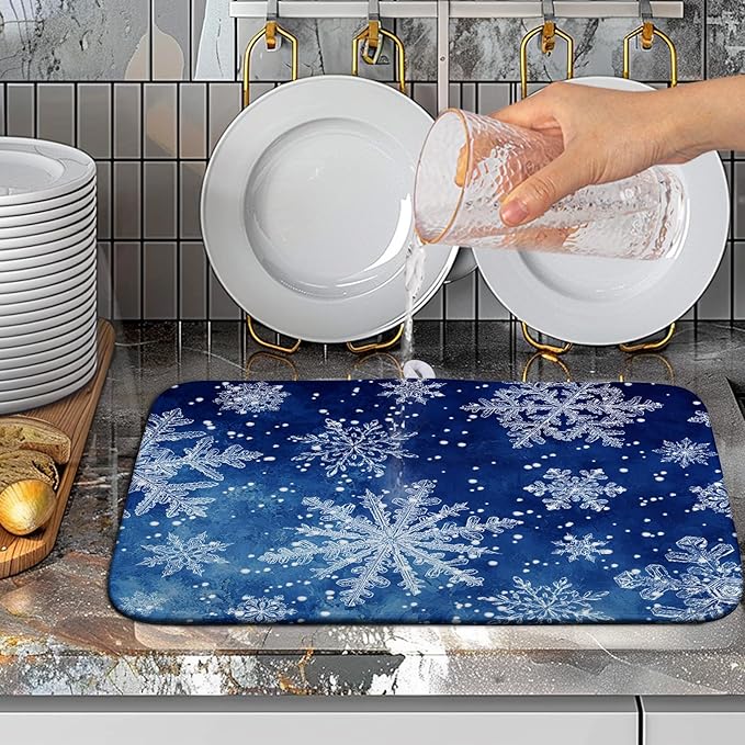 Winter Blue Snowflake Dish Drying Mat for Kitchen Counter Merry Christmas Snowflakes Drying Mats Xmas Holiday Dish Draining Mat Microfiber Absorbent Dish Drainer Rack Pad 16x18 Inch