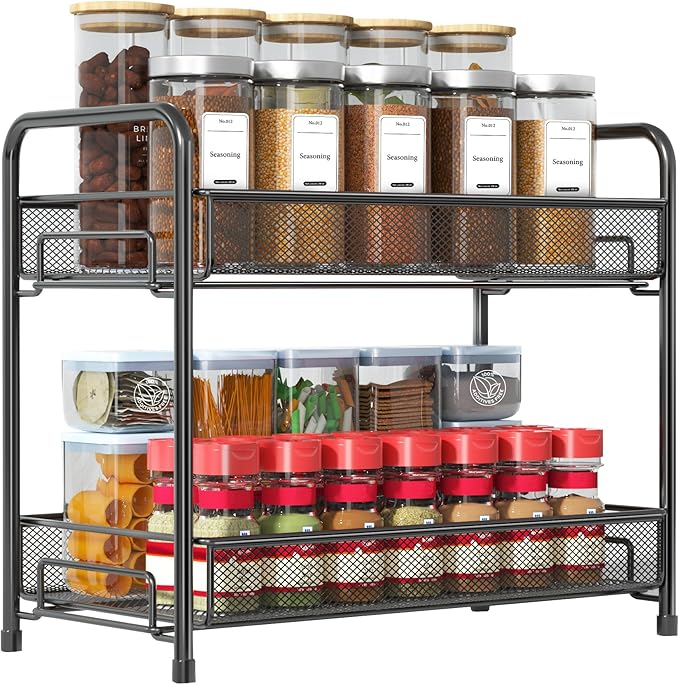 Spice Rack Organizer for Countertop, Xpatee 2-Tier Foldable Metal Rust-Proof Standing Large Seasoning Storage Shelf with Guardrail and Mesh Design for Kitchen Cabinet Bathroom Living Room Pantry, Black