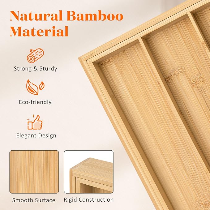 Kathfly Extra Large Drawer Organizer Kitchen Utensils Expandable 21.4 to 36 Inches Wid, Adjustable Bamboo Silverware Tray Cutlery Utensile Flatware Organizer Holder Drawer Divider for Spoons and Forks