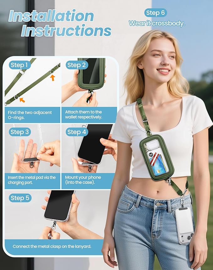 SHANSHUI Clip and Go Phone Strap Wallet Crossbody Phone Lanyard, Detachable Wristlet Strap with Zipper Phone Screen ID Window, 2 Pcs Metal Tether Pads Compatibe for iPhone & Most Smartphones Green