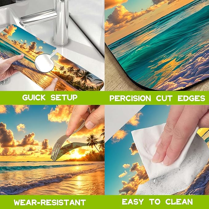 Kitchen Sink Splash Guard Faucet Mat Super Absorbent Fast Drying Mat Guard Behind Faucet Drip Catcher for Kitchen Bathroom (Sunset Beach Waves Palm Trees, 23.5"X5.5")