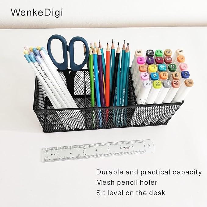 2-Pack Metal Mesh Pencil Holder, Spacious 3-Compartment Desk Organizer for Pens, Makeup Brushes, Utensils, Desktop Storage for Home, Office, School, Kitchen, 10.43x3.35x4.04 Inch, Black