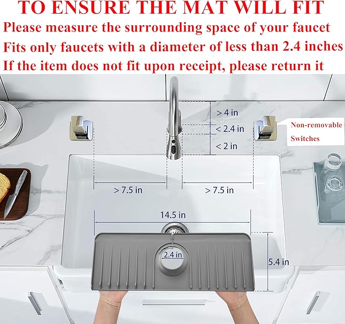 Sink Splash Guard 14.4” x 5.4” - Sink Faucet Mat with Faucet Water Catcher Mat & Soap Dish & Sponge Holder 3 in 1 - Silicone Faucet Handle Drip Catcher Tray for Kitchen RV & Bar Faucet, Grey