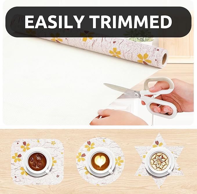 RAY STAR 12X120 Inch Shelf Liner for Kitchen Cabinets, Non-Adhesive Cabinet Liner Washable, PVC Drawer Liner for Dresser Non-Slip Bathroom (Yellow-Floral)(5 Roll)