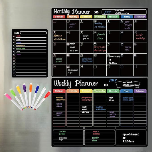 Hivillexun Magnetic Black Dry Erase Calendar White Board Set (3-Pack) - Monthly, Weekly Planners & Daily Notepad for Fridge, Home & Office, Includes 8 Markers