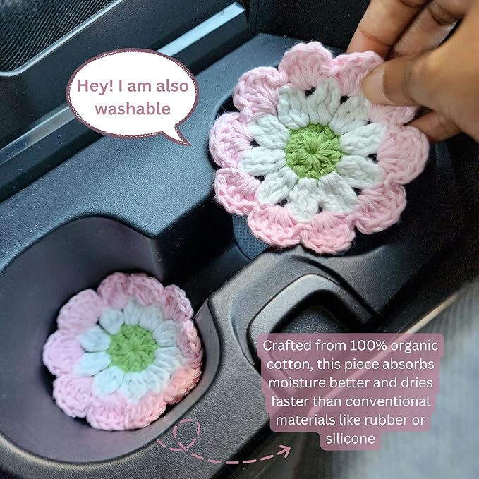 Cotton Car Coasters 2pc Car Cup Coasters Cute car Accessories for Women car Coaster for Cup Holders (Rosy Glow)