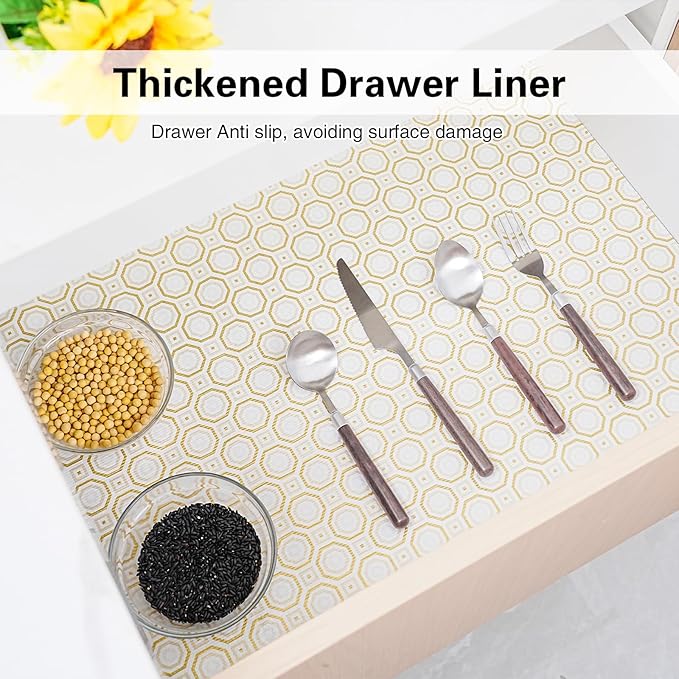 Drawer and Shelf Liner for Kitchen Cabinet,Non-Adhesive Cabinet Liner 24in x 10FT,Waterproof Shelf Paper Non-Slip Mats Cupboard Liners Contact Protect Dresser/Shelves/Table-Gold Octagonal