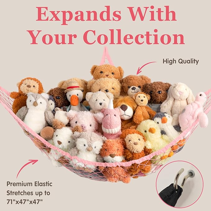 Stuffed Animal Storage Hammock Net Corner - Large Toy Hammock Net for Stuffed Animals Room Decor - Cute Stuff Animal Organizer Holder for Plush Plushie - Kids Baby Nursery Wall Bedroom Home Decor