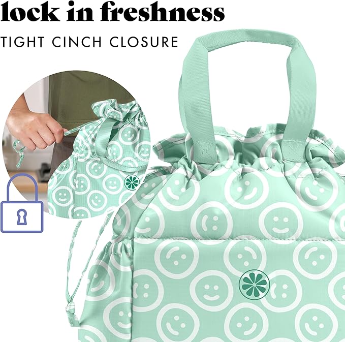 Fit & Fresh Cromwell Drawstring Lunch Bag for Women, Complete Lunch Set with 2 Containers, Stain-Resistant, Leak-Resistant, Back to School Essential, Teacher Lunchbox, All Smiles Mint