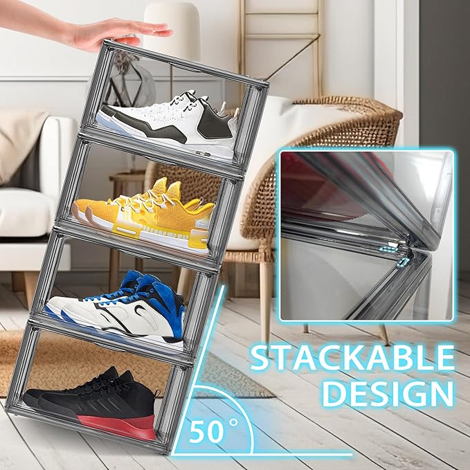 10 Pack Size 12 Shoe Boxes for Closet Clear Plastic Stackable Shoe Organizer Storage Bins with Lids, Under Bed Shoe Containers for Entryway