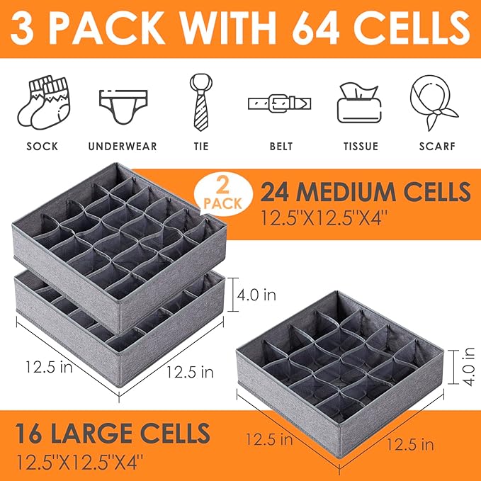 Criusia 3 Pack Sock Underwear Drawer Organizer Dividers, 64 Cell Fabric Foldable Dresser Organizer for Closet Organizers and Storage Boxes for Organizing Socks, Underwear, Ties (16+24+24 Cell, Gray)