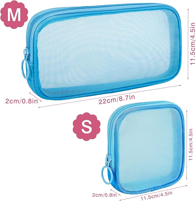 4 Pieces Mini Zipper Nylon Mesh Pouch, Mesh Cosmetic Bags Makeup Bags, Multipurpose Travel Toiletry Bags for Office Supplies and Travel Accessories (Blue, S)