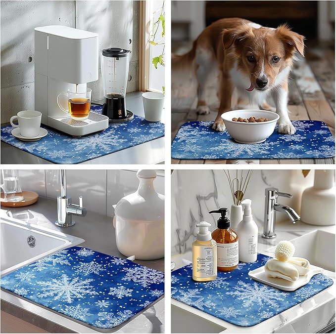 Winter Blue Snowflake Dish Drying Mat for Kitchen Counter Merry Christmas Snowflakes Drying Mats Xmas Holiday Dish Draining Mat Microfiber Absorbent Dish Drainer Rack Pad 16x18 Inch