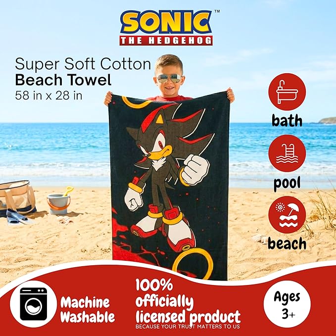Sonic Shadow The Hedgehog Kids Cotton Beach Towel, 58 x 28 Inch, Soft & Absorbent Pool, Bath & Beach Towel (Officially Licensed Product) by Franco