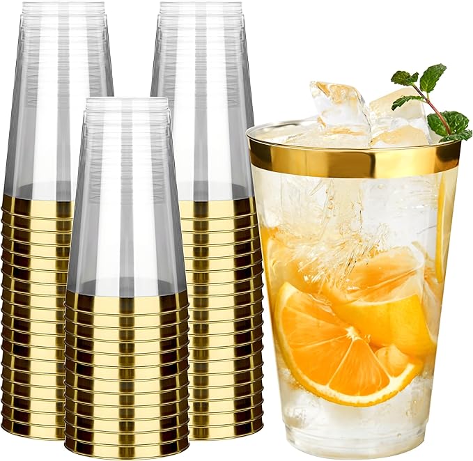 RACETOP 14 oz Disposable Plastic Cups with Gold Rim, Disposable Gold Rim Plastic Cups for Parties, Weddings, Gatherings, and Festival Events 100 Pack