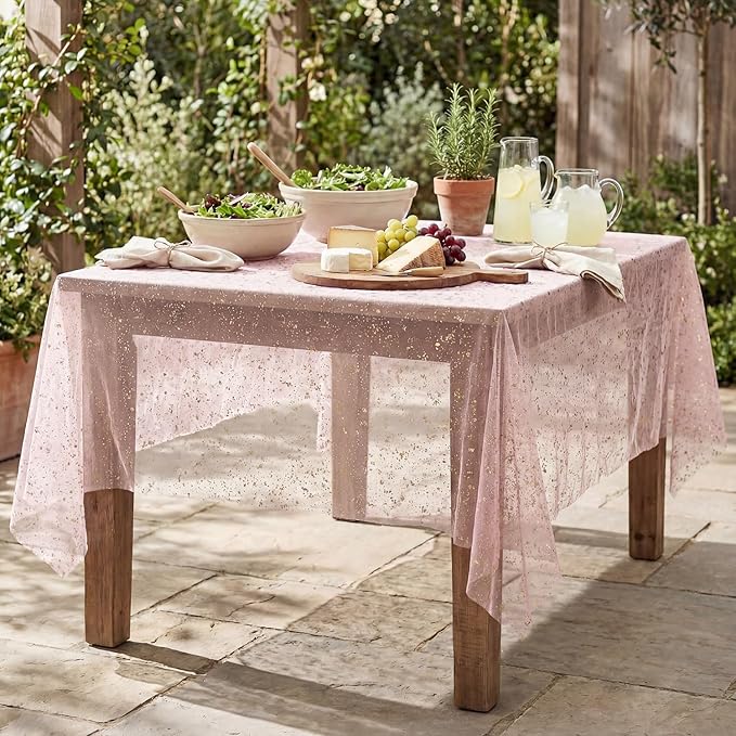 Horaldaily Pink Gold Gauze Tablecloth 60x104 Inch Rectangular, Golden Sequin Glitter Metallic Foil, Sheer Tulle Cheesecloth for Wedding Baby Shower Ceremony Birthday